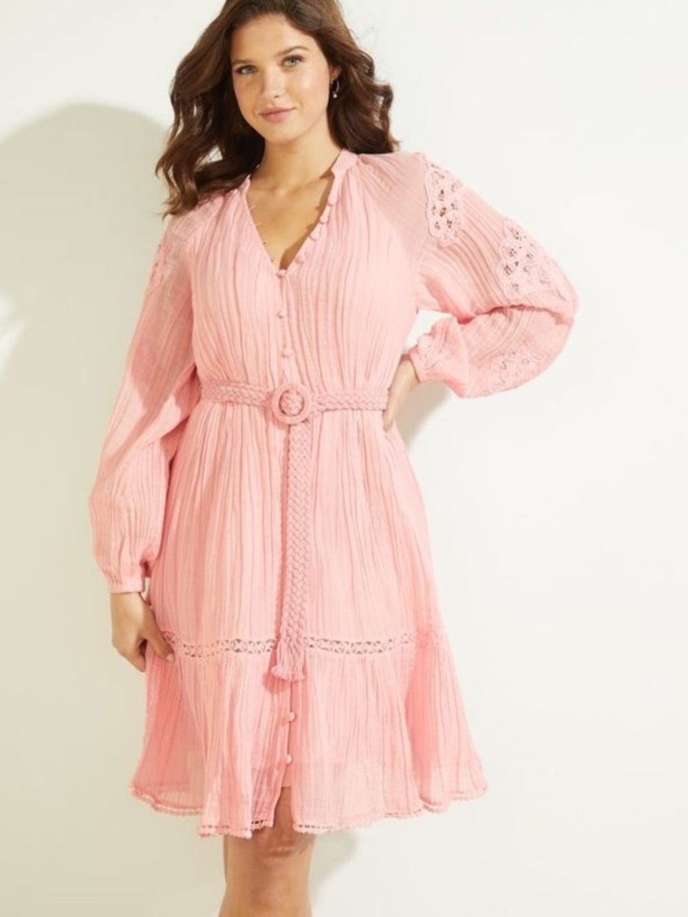 GUESS Pink Belted Gauze Midi Shirt Dress Size Small